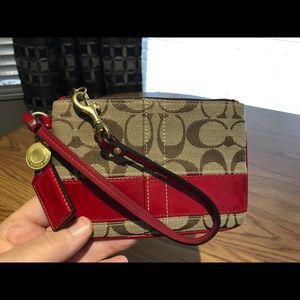 Coach Signature Khaki and Red Patent Wristlet